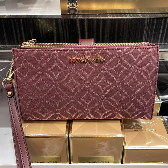 Michael Kors Jet Set Travel Large Double-Zip Wristlet-Wallet-PhoneHolder Oxblood - Picture 2 of 16